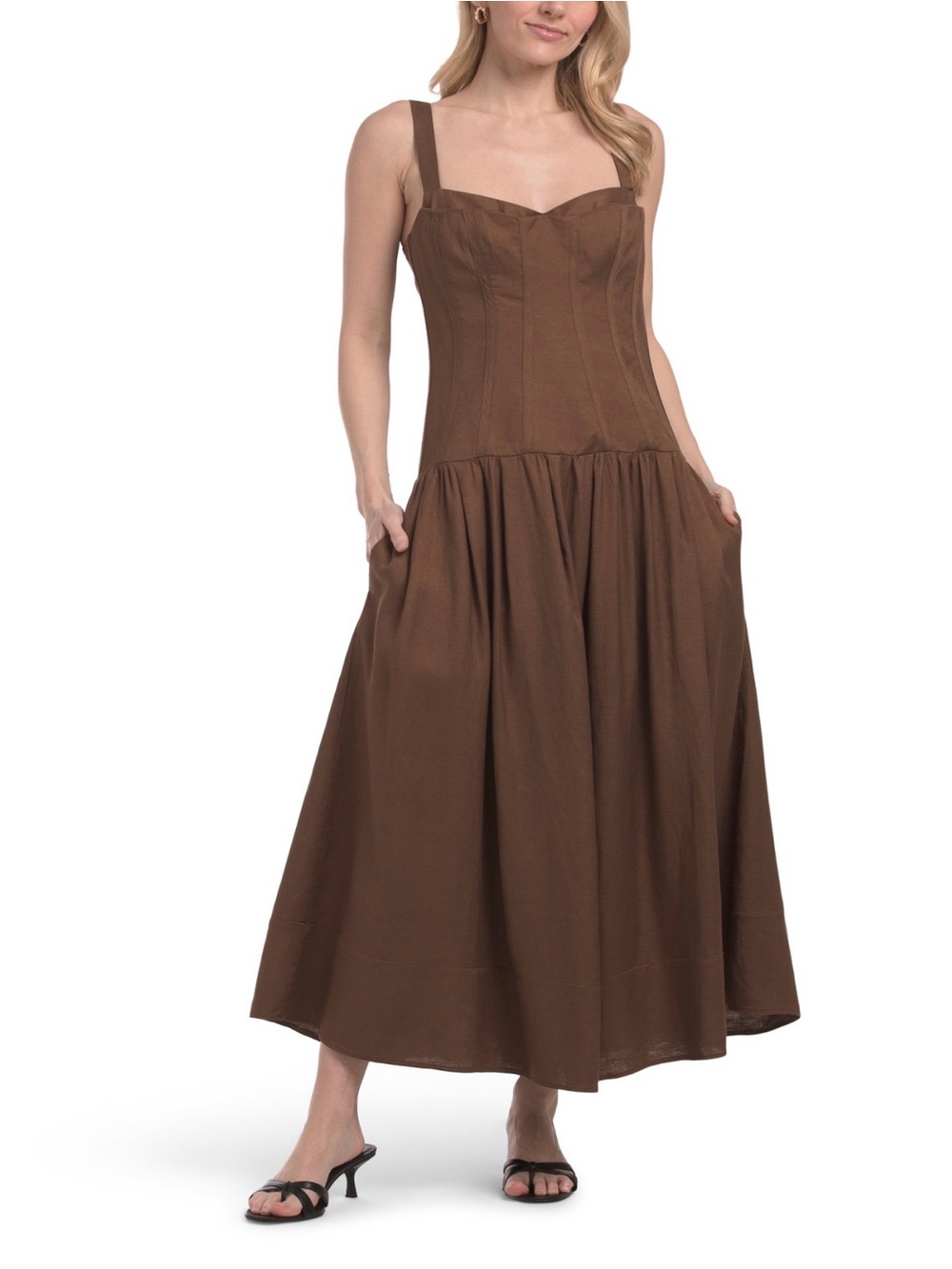 NICHOLAS Makenna Linen Blend Drop Waist Corset Style Midi Dress NWT Size 4